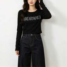 Kaos Wanita Lengan Panjang Hitam Pas Badan dengan Desain Rhinestone Mewah, Atasan Dalaman Pelangsing, Atasan Minimalis Modis untuk Musim Gugur - Hitam - View 5