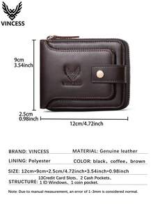 VINCESS Men's Vintage Cow Leather Wallet, Casual Genuine Leather Wallet, Anti-Theft Multi-Layer Card Slots, ID Window, Zipper Cash Compartment, Secure And Convenient For Daily Use, Men's Holiday Gift - Coffee Brown - View 9