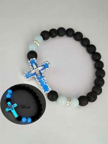 1 Volcanic Stone Luminous Bracelet, Multi Colored Luminous Cross Bead Jewelry, Graduation Season Back To School Season Birthday Gift - Multicolor - View 14