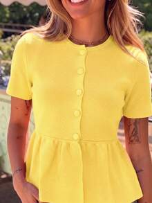Cardigan de punto de cuello redondo para mujer, manga corta naranja con volantes en el bajo, transpirable, adecuado para atuendos de invitada en primavera y verano, amarillo - Amarillo - Ver 7