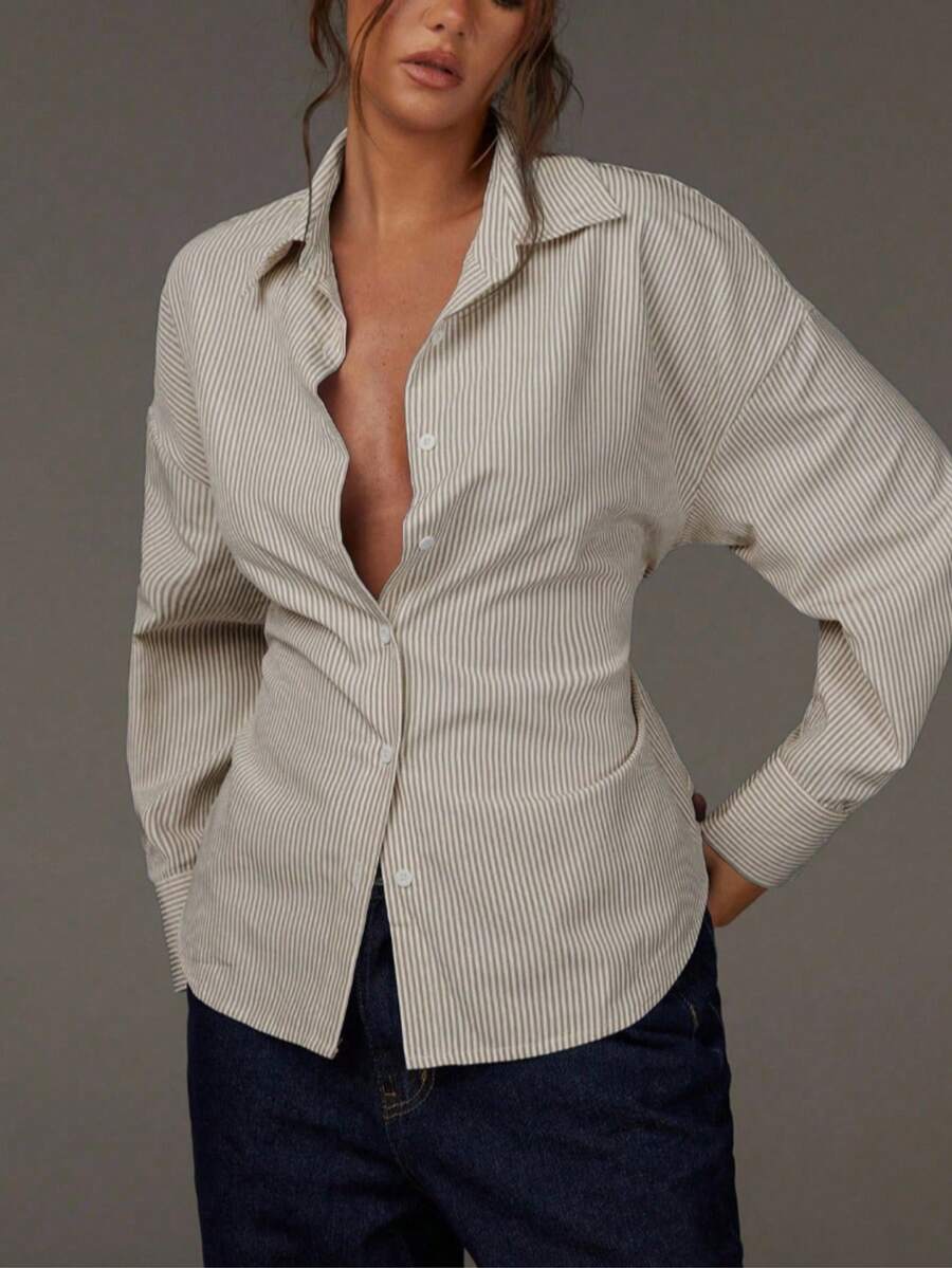 Blue & White Striped Back Tie Waist Blouse For Women, Loose Fit Lapel Long Sleeve Design Top - Brown - View 1