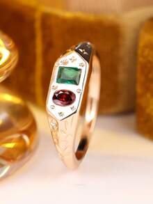 Vintage Two-Tone Stamp Ring, Inlaid With Rectangular Emerald And Oval-Cut Garnet, Star Pattern Cocktail Exaggerated Style Ring - Ring - View 3