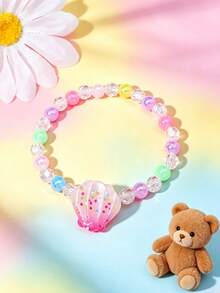 5pcs Children's Ocean Style Beaded Bracelet Set, Cute Seahorse Shell Octopus Starfish Fish Cartoon Pendant Bracelets, Colorful Beaded Elastic Wristbands For Girls, Baby Party Gift Accessories - Multicolor - View 5