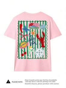 Striped Lobster Graphic T-Shirt, Women's Casual Round Neck Short Sleeve T-Shirt Summer - Baby Pink - View 3