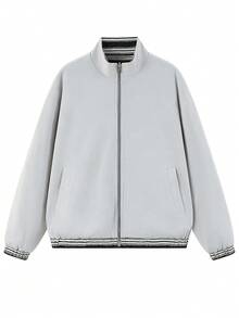 NBCT Women's Reversible Striped Hooded Zip-Up Jacket, Multi-Color, Loose Fit, Versatile Outdoor Sports Outerwear - Grey - View 3