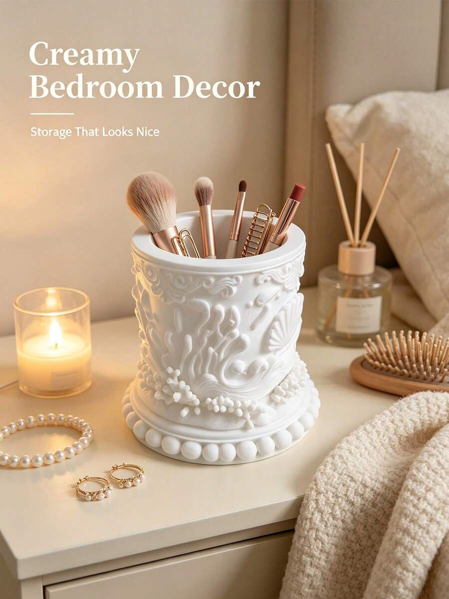 Retro Relief Makeup Brush Storage Tube, Multifunctional Desktop Storage Box, , Desktop Decoration, White Ocean Carved Makeup Brush Tube, Multifunctional Desktop Dressing Table Storage, Bedroom Bathroom Desktop Home Decoration Storage Tube - Multicolor - View 1