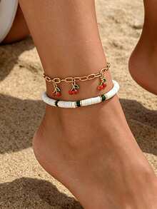 Conjunto de tobilleras de estilo bohemio con cuentas de cerámica suave y colgante de cereza, diseño en capas para vacaciones y playa - Multicolor - Ver 2