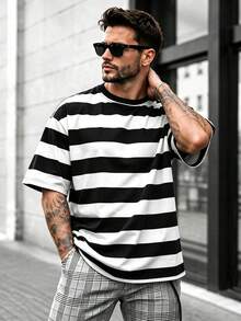 Men's Soft Striped T-Shirt, Casual Crew Neck Short Sleeve Streetwear T-Shirt, Suitable For Daily Wear, Vacation And Weekend - Black - View 4