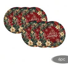 2/4/6/8/16pcs Burgundy Floral Round Placemats, Red Snowflake Pine Branch Christmas Table Mats, Suitable For Christmas Party Kitchen Dining Room Home Decor - Multicolor - View 15