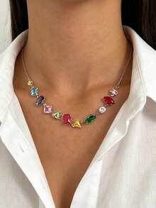 Women Rainbow Mixed Cut Glass Rhinestone Necklace, Dainty Colorful Imitation Gem Collarbone Chain For Daily Party Wear Jewelry - Multicolor - View 3