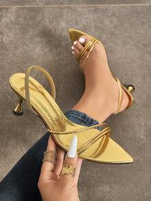 Women's Elegant Gold High Heel Sandals, Vacation, Shiny Metallic Pointed Toe Kitten Heel Shoes With Elastic Back Strap, Suitable For Party - Gold - View 2