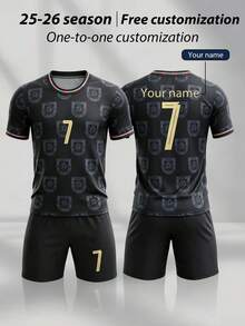 2pcs/Set Personalized Full Print Football Team Uniform, Customized Name And #7 Sports Player Set, Short Sleeve Top And Shorts, Suitable For Children Training - Black - View 2