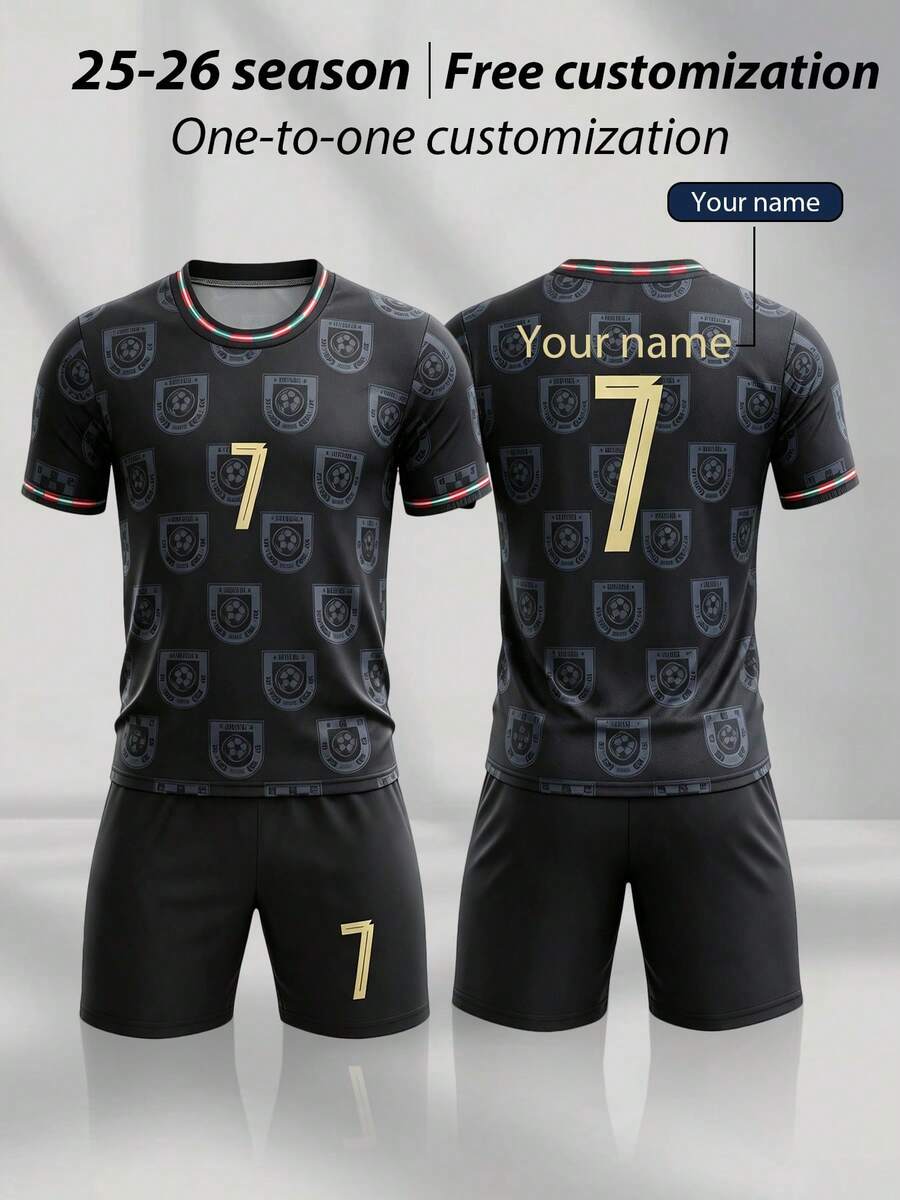 2pcs/Set Personalized Full Print Football Team Uniform, Customized Name And #7 Sports Player Set, Short Sleeve Top And Shorts, Suitable For Children Training