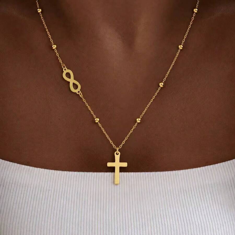 1pc Simple Cross Infinite Symbol Pendant Golden Silvery Stainless Steel Chain Necklaces For Women - Style 1 - View 1