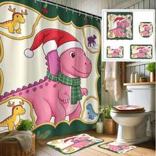 4 Piece Bathroom Set Cute Pink Dinosaur With Santa Hat Scarf Print Shower Curtain Set Christmas Holly Berry Frame Dinosaur Pattern Bathroom Decor With Hooks For Home Shower Room Background Decoration - Dinosaur Photo Frame - View 1