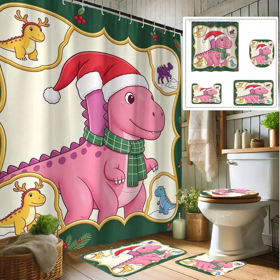4 Piece Bathroom Set Cute Pink Dinosaur With Santa Hat Scarf Print Shower Curtain Set Christmas Holly Berry Frame Dinosaur Pattern Bathroom Decor With Hooks For Home Shower Room Background Decoration - Dinosaur Photo Frame - View 1