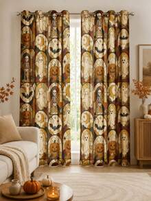 NOSBEI 2PCS Grommet Panels + 3PCS Rod Pocket Kitchen Set, Halloween Stained Glass Ghost, Skeleton And Pumpkin Faux Linen Curtains, Light Filtering Valance And Tiers, Gothic Decor - Multicolor - View 19