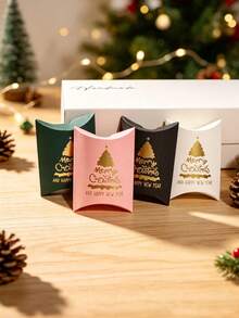 5pcs Festive Christmas And New Year Favor Boxes, Elegant Curved Pillow Packaging With Metallic Gold Lettering, Easy Assembly Small Gift Boxes For Winter Parties, Family Celebrations, Table Decorations And Seasonal Surprise Gifts - 9.2 X 6 X 2.5 cm - View 4