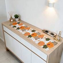 Winter Thanksgiving Pumpkin & Maple Leaf Applique Hollow Embroidery Tablecloth Table Runner For Home Party Dining Table Coffee Table TV Stand Shoe Cabinet Dresser Decor To Enhance Holiday Atmosphere - Orange - View 4