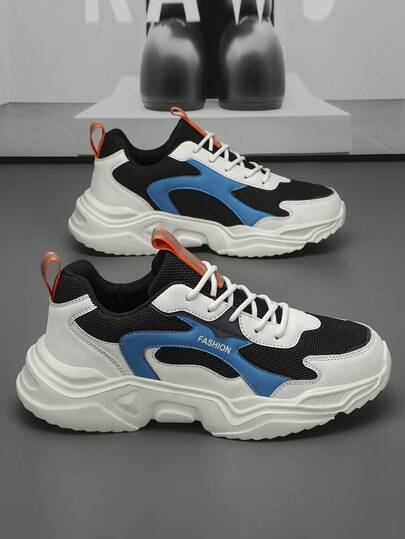 Men's Classic Fashion Versatile Colorblock Thick Sole Chunky Sneakers, Breathable Thick Sole Lace-Up Outdoor Casual Sports Shoes For Daily Street Commute Running