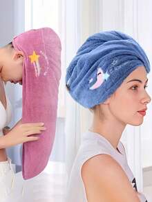 1 chiếc khăn lau tóc thêu hình sao trăng dễ thương, khăn quấn tóc turban microfiber thấm hút nhanh, mũ tắm cài nút mềm mại dùng khi tắm và gội đầu - Nhiều màu - Xem 4