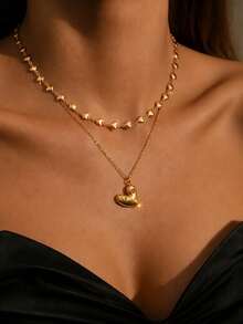 VceTd 1/2PCS Romantic Cute Style Asymmetrical Heart Pendant Decor With Heart Chain Necklace Combination Stainless Steel Women's Jewelry Set Suitable For Women's Daily Wear Or Date Or Valentine's Day - Yellow Gold - View 1