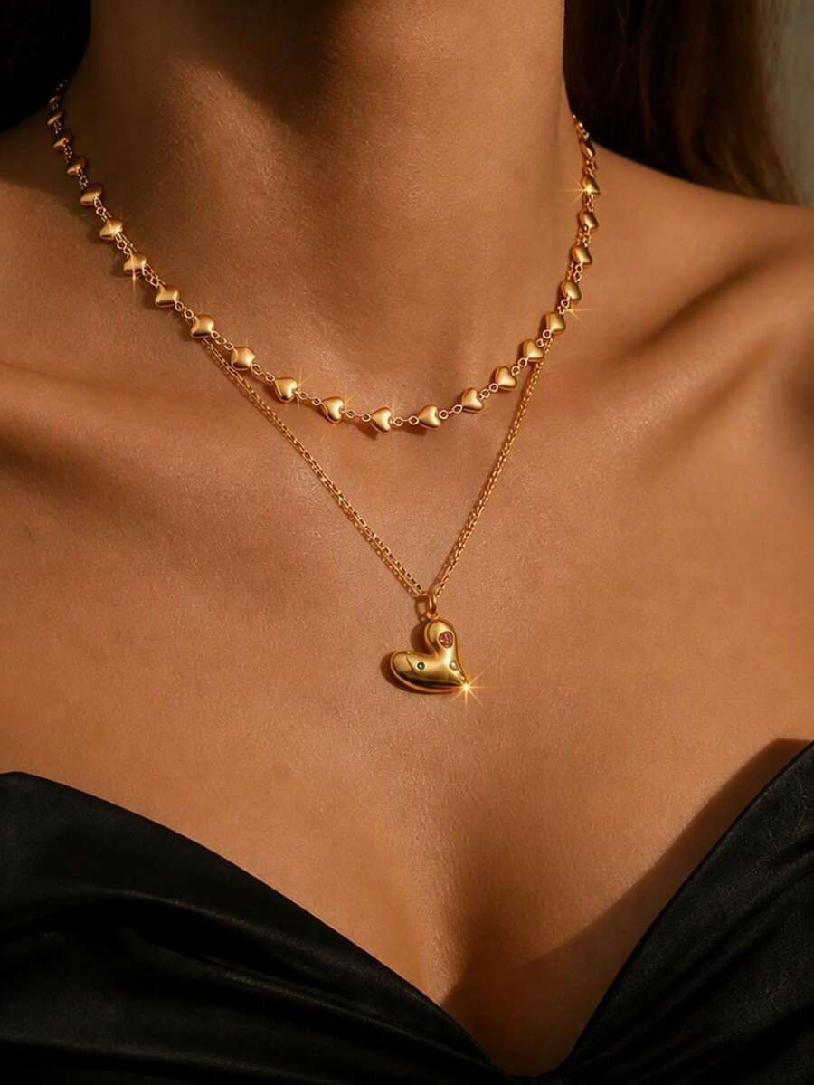 VceTd 1/2PCS Romantic Cute Style Asymmetrical Heart Pendant Decor With Heart Chain Necklace Combination Stainless Steel Women's Jewelry Set Suitable For Women's Daily Wear Or Date Or Valentine's Day - Yellow Gold - View 1