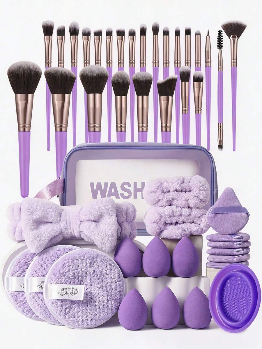 45Pcs/3pcs Purple Makeup Brush Set Makeup Brushes Cosmetic Sponges Triangle Powder Puffs Finger Puffs Round Powder Puffs Brush Cleaner Bowl Wrist Headband Cosmetic Storage Bag Complete Makeup Tool Kit For Beginners - Purple - View 1