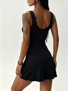 Women's Elegant Minimalist Solid Color Ribbed Dress, Slim Fit, Built-In Leggings, Suitable For Fitness, Yoga And Workout - Black - View 5