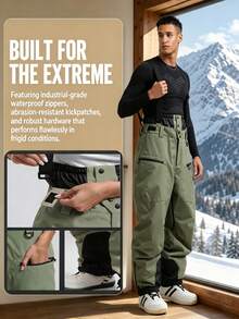 1pc Men's Detachable Bib Ski Pants, Cross Adjustable Shoulder Straps With High Waist Snow-Proof Design, Dual Side Zipper Storage Pockets, Inner Thigh Ventilation Zipper, Adjustable Hem Zipper, Waist Snow Skirt Structure, Reinforced Stitching, Loose Straight Fit, Single/Double Board Outdoor Snow Sports Bib Pants - Army Green - View 2
