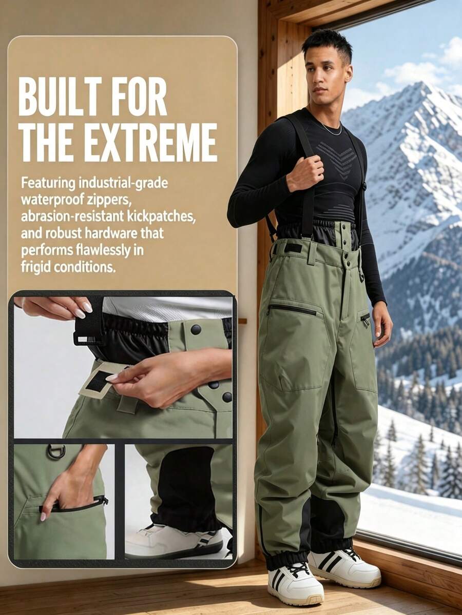 1pc Men's Detachable Bib Ski Pants, Cross Adjustable Shoulder Straps With High Waist Snow-Proof Design, Dual Side Zipper Storage Pockets, Inner Thigh Ventilation Zipper, Adjustable Hem Zipper, Waist Snow Skirt Structure, Reinforced Stitching, Loose Straight Fit, Single/Double Board Outdoor Snow Sports Bib Pants
