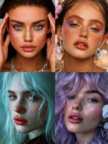 6pcs Glitter Freckle Holographic Stickers Heart-Shaped Freckle Temporary Tattoo Waterproof Shiny Star & Heart Dot Pattern Makeup Accessory For Adult Party Festival Daily Wear - Multicolor - View 3