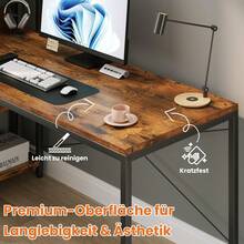 Schreibtisch mit 4-Tier Seitlichem Regal, 120 cm Breiter Computertisch mit Ablage, Stabil Bürotisch mit Metallgestell, Einfache Montage für Home Office - Bestickt Braun 140 x 56 x 120 cm - Übersicht 6