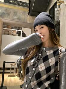 Vintage Plaid Round Neck Knitted Cardigan Women Autumn Korean Style Slimming Versatile Sweater Jacket - Grey - View 3