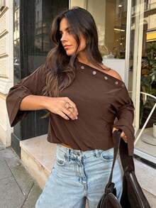 Women's Spring/Autumn Elegant Casual Daily Vacation Travel Country Music Concert Asymmetric/Irregular Off-Shoulder Solid Color Knit Long Sleeve T-Shirt - Rust Brown - View 2