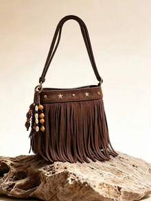 Women's Coffee Brown Exquisite Small Faux Suede Crossbody Bag, Tassel Style With Rivet Star Inlay, College Style Phone Bag, Suitable For Shopping - Coffee Brown - View 4