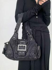 Y2K Metal Buckle Rivet Shoulder Bag, Vintage Washed Faux Leather Hobo Bag, Detachable Crossbody Strap Casual Handbag - Black - View 1