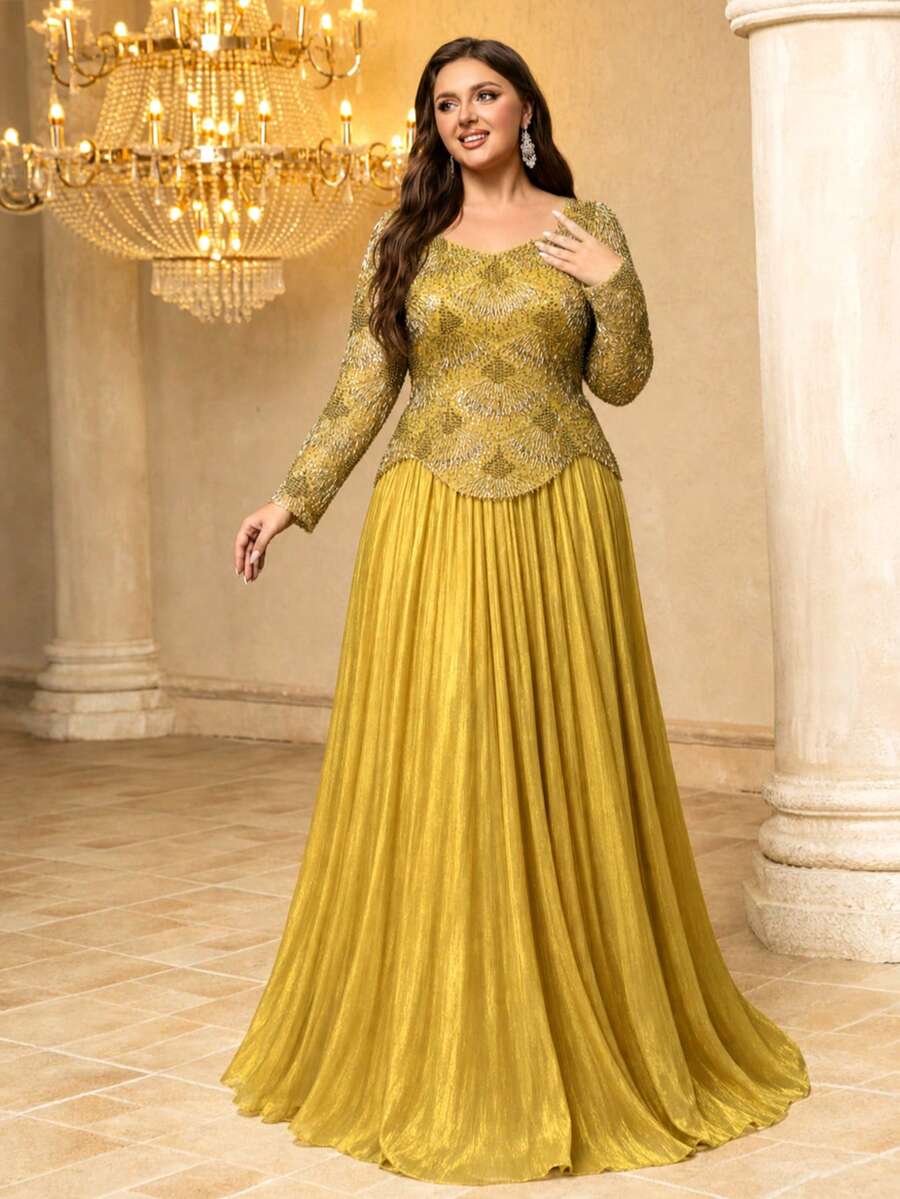 UNITHORSE[Random Cut]Sweetheart Neckline Long Sleeve Sequin Patchwork Faux Silk Evening Dress - Yellow - View 1