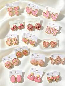 Assorted Random Styles, Cute Pink Enamel Stud Earrings Set, 5 Pairs/10 Pairs Random Sweet Heart, Flower, Star, Cherry Dangle Earrings, Hypoallergenic Stainless Steel Ear Pendant Jewelry, Women & Girls Daily, Vacation, Party Accessories - Pink - View 2