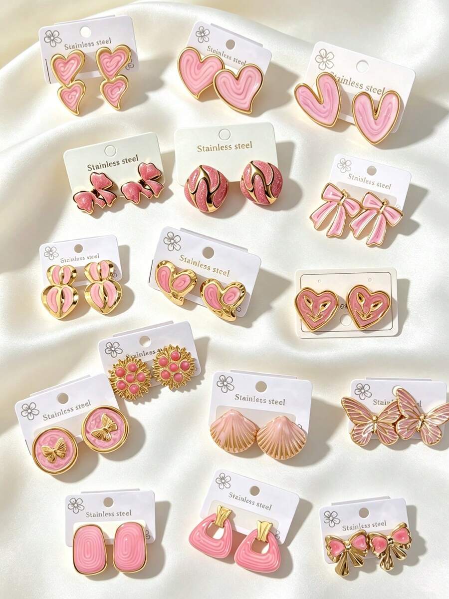 Assorted Random Styles, Cute Pink Enamel Stud Earrings Set, 5 Pairs/10 Pairs Random Sweet Heart, Flower, Star, Cherry Dangle Earrings, Hypoallergenic Stainless Steel Ear Pendant Jewelry, Women & Girls Daily, Vacation, Party Accessories