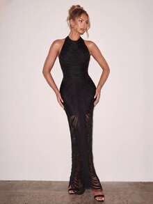 Women's Sexy Fashion Backless Halter Neck Bodycon Dress, Black Evening Party Dress For Autumn - Black - View 5