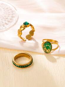 3pcs Vintage Fashion Stainless Steel Gold Rings Set, Inlaid With Gold And Green Rhinestone Heart Design, Suitable For Women's Daily Wear, Dating, Engagement, Wedding, Holiday, Saudi National Day Gift Jewelry - Gold - View 3