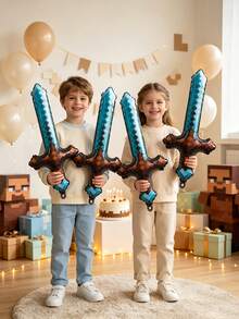 4pcs 77cm Handheld Blue Pixel Sword Shaped Cartoon Toy Balloons, Suitable For Birthday Outdoor Party Decoration - View 4