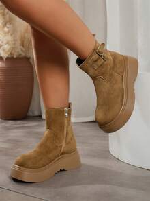 Women's Vintage Matte Suede Ankle Boots With Dual Metal Buckles, Round Toe, Side Zipper, Thick Sole, Height-Increasing, Autumn/Winter Daily Commute Ankle Boots - Khaki - View 6