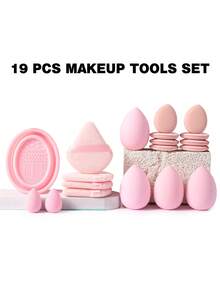 34Pcs/19pcs Pink Makeup Brush Set Eyeshadow Brushes Cosmetic Sponges Triangle Powder Puffs Finger Puffs Brush Cleaner Bowl Complete Makeup Tool Kit For Beginners - Pink - View 9