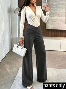 1pc Women's Cross Waist Winter Wide Leg Pants, Double-Sided Thermal Lined Casual Sports Straight Leg Pants, Halloween Winter Warm Pants, Women's Black Commute Business Casual Dress Pants, Solid Color Loose Fit Straight Leg Wide Leg Pants, Loose Casual Sports Pants, Christmas Versatile Long Pants, Women's Jogging Pants, Women's Winter Long Pants, Women's Warm Straight Leg Pants - Black - View 2