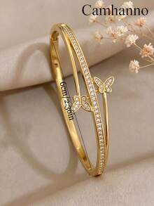 Camhanno 1pc Exquisite Butterfly Design Copper Plated 18K Gold Full Rhinestone Women's Bracelet, High-End Versatile Bracelet Jewelry - Gold - View 5