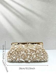Women Evening Clutch Bag, Rectangular Hard Frame Purse, Sequin Pearl Mesh Pattern, Elegant Bridal Handbag For Wedding Prom Formal Party - White - View 5