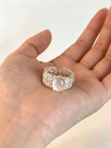 1pc Vintage Minimalist Natural Translucent White Agate Faux Chalcedony Ring, Unique Double-Layer Design, High-End Index Finger Ring, Elegant Versatile Couple Jewelry - Silver - View 4