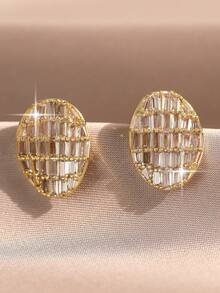 1pair Glamorous Oval Cubic Zirconia Stud Earrings,Geometric Jewelry Accessory For Daily Wear,Holidays Gifts,Aesthetic - Yellow Gold - View 1